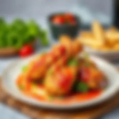 Plated Dish of Crispy Chicken Drizzled with Sauce A beautifully plated dish showcasing crispy chicken drizzled with sauce