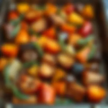 Flavorful Roasted Vegetables Baking tray with roasted vegetables and herbs