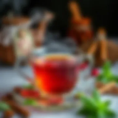 Rooibos Tea Experience An elegant teacup filled with steaming Rooibos tea, surrounded by herbs and spices