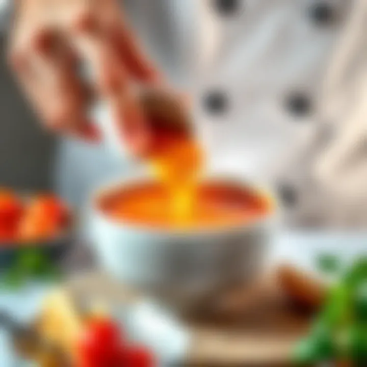 Pouring the Perfect Onion Soup A chef's hands pouring the soup into a bowl, showcasing the rich texture and color