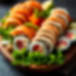 A vibrant platter of sushi featuring fresh tuna slices