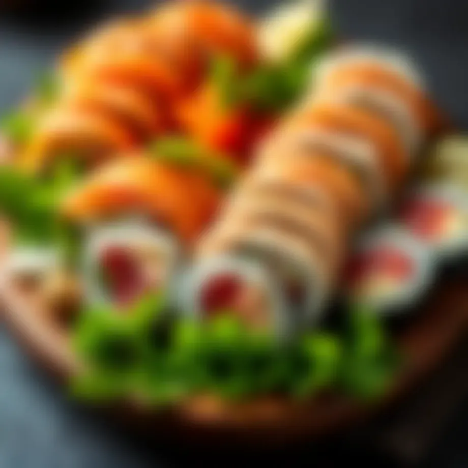A vibrant platter of sushi featuring fresh tuna slices