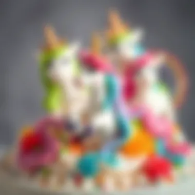 Whimsical Unicorn Decorations Close-up of whimsical unicorn decorations on a birthday cake.