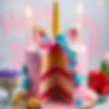 A vibrant unicorn birthday cake decorated with pastel colors and edible glitter.
