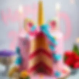 A vibrant unicorn birthday cake decorated with pastel colors and edible glitter.