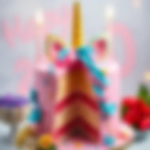 A vibrant unicorn birthday cake decorated with pastel colors and edible glitter.