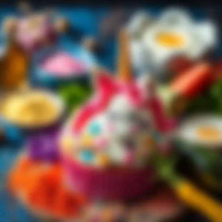 Colorful Ingredients for Unicorn Cake An array of colorful ingredients used for crafting a unicorn cake.