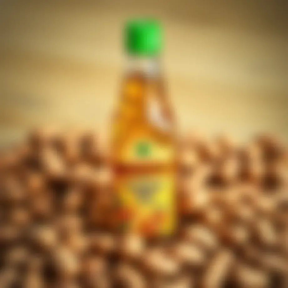 A vibrant peanut oil bottle surrounded by raw peanuts